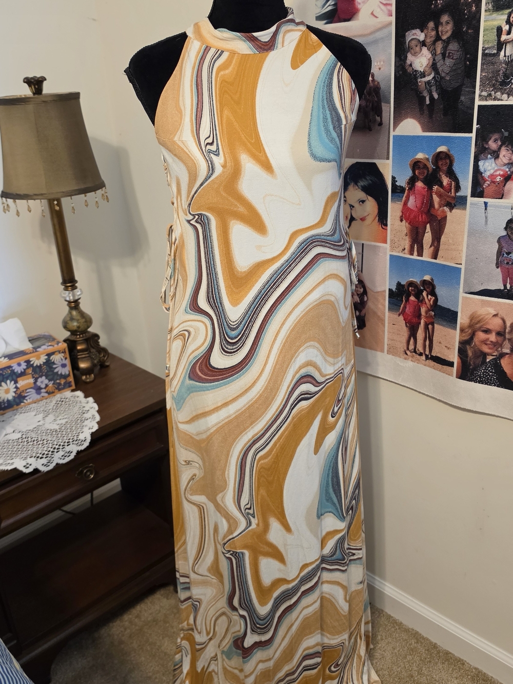 Cato Swirl-Print Maxi Dress in Mustard, White & Teal